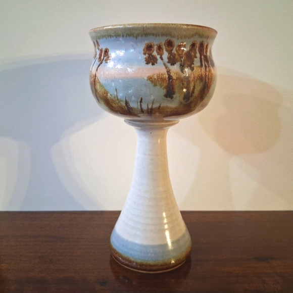 Signed Bonnie Staffel Pottery Chalice Goblet Wine Tropical Seascape Ocean Sunset - Picture 3 of 16